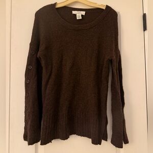 Magaschoni Chocolate Brown Button Sleeve Wool Alpaca Blend Crew Neck Sweater